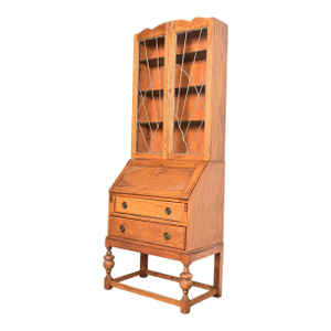 Antique English Art Deco Carved Oak Drop Front Secretary Desk With Leaded Glass Bookcase Hutch