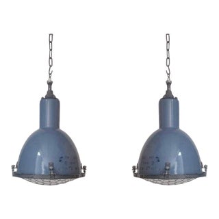 1940s Cold War Periwinkle Enameled Industrial Lights - a Pair For Sale