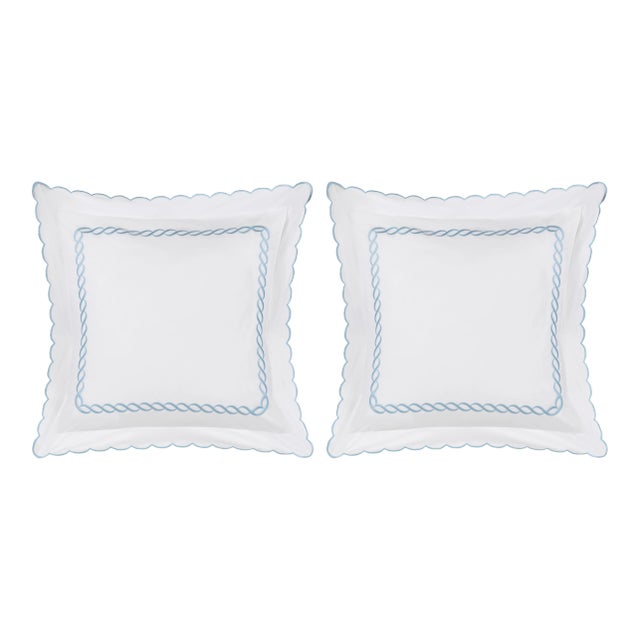 Scalloped Chain Euro Shams in Light Blue - a Pair For Sale