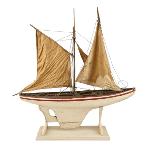 Antique 1940s French Wooden Sailboat Model With Original Sails