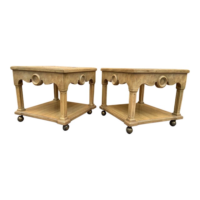 Vintage Italian Neoclassical Style Pickled Wood Travertine Top Side Tables - Pair For Sale