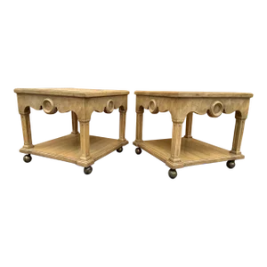 Vintage Italian Neoclassical Style Pickled Wood Travertine Top Side Tables - Pair