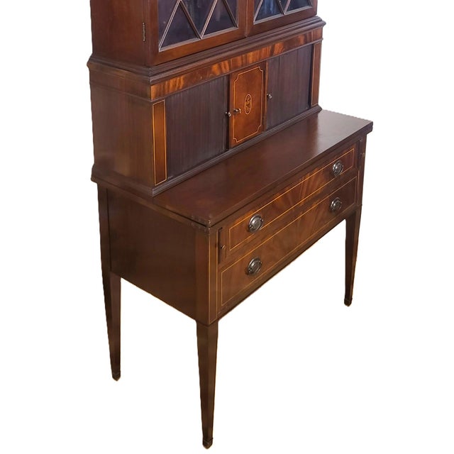 Antique 20th C American Hepplewhite Mahogany Tambour Door Secretary Desk Vitrine For Sale - Image 9 of 18