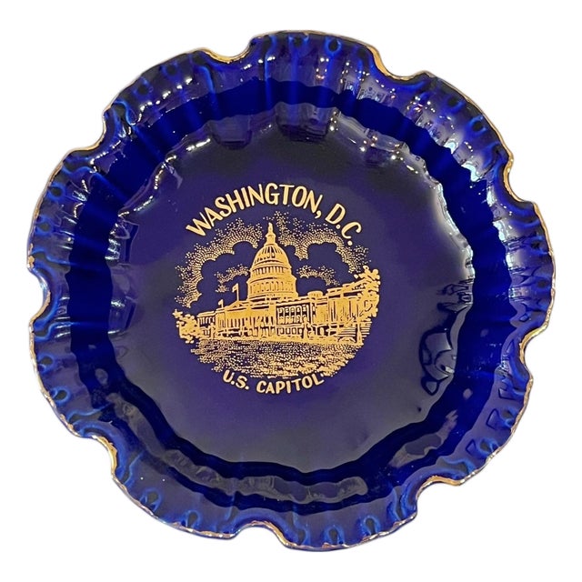 Vintage Mid Century Cobalt Blue and Gold Washington DC Ashtray Catchall For Sale