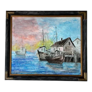 Sandy Lazarne Fishing Boats in Harbor Oil on Canvas Painting, Framed