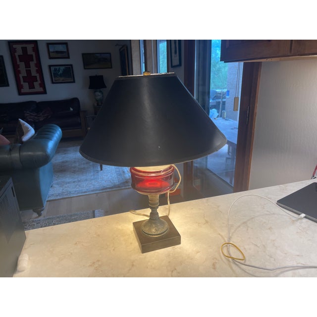 Antique Cranberry Glass Electrified Metal Base Table Lamp For Sale - Image 4 of 8