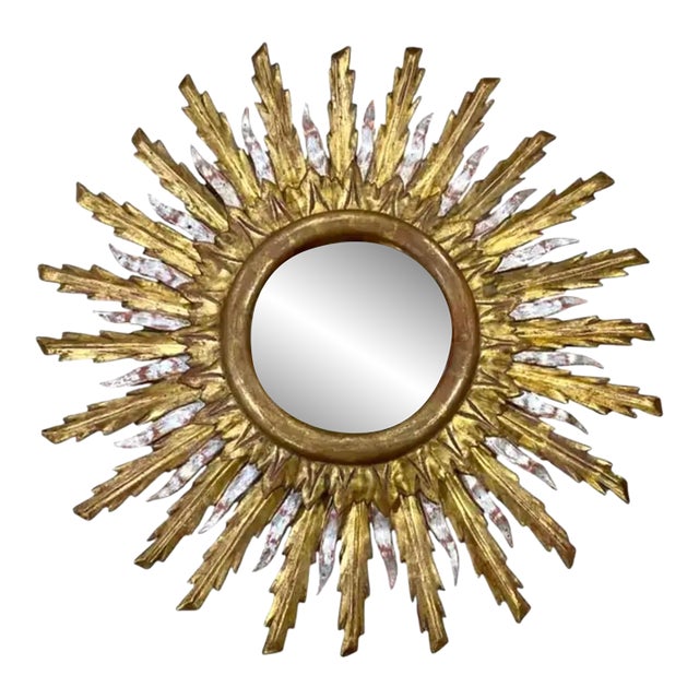 French Vintage Gold and Silver Gilt Carved Sunburst Wall Mirror For Sale