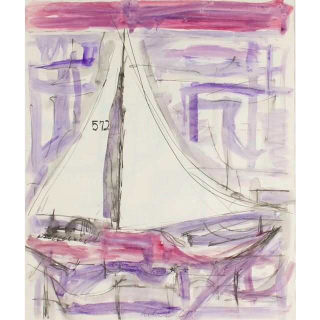 A 1961 watercolor and ink painting by the American artist Harry Hilson (1935-2004). Painted predominantly in purple and...
