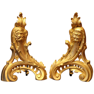 19th Century French Louis XV Style Gilt Bronze Lions Head Fireplace Andirons, Set of 2