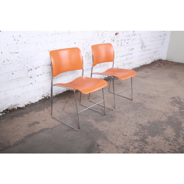 David Rowland 40/4 Orange and Chrome Stacking Chairs, Pair Chairish