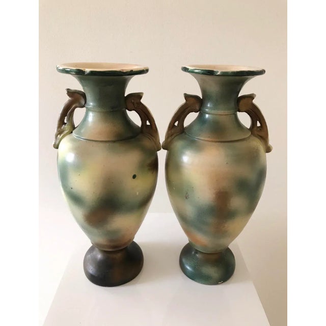 Vintage Morimura Nippon Vases. Excellent Condition. 13” tall. Painted in Moriage manner. Bears a gold signature at bottom.