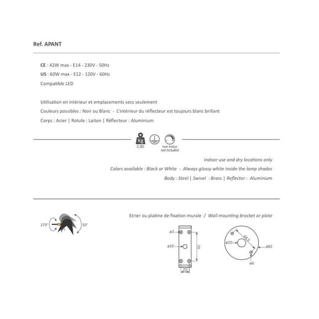 Metal Modern White Anthony Wall Lamp with White Round Fixation Box by Serge Mouille, Set of 2 For Sale - Image 7 of 8