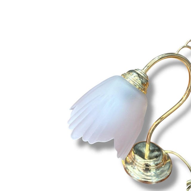 Vintage Art Nouveau Style Brass and Frosted Glass Flower Table Lamp For Sale - Image 6 of 9