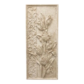 Vintage Classical Botanical Tulip & Acanthus Scroll Hand-Carved Marble Wall Relief Panel For Sale