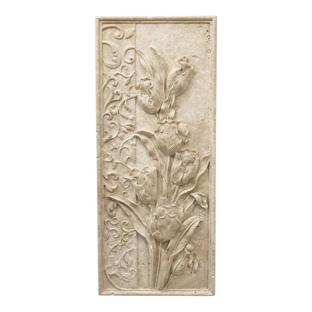 Vintage Classical Botanical Tulip & Acanthus Scroll Hand-Carved Marble Wall Relief Panel For Sale