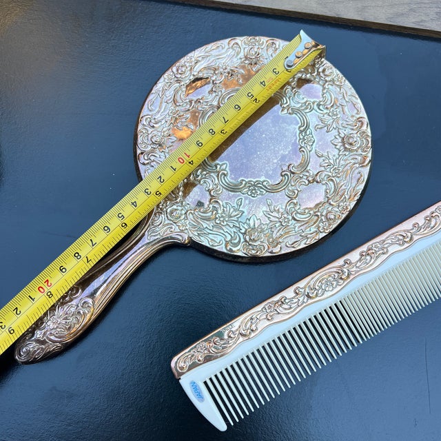 Trio Vintage Silver Plated Vanity Set- Hand Held Mirror, Brush, and Comb For Sale In Atlanta - Image 6 of 10