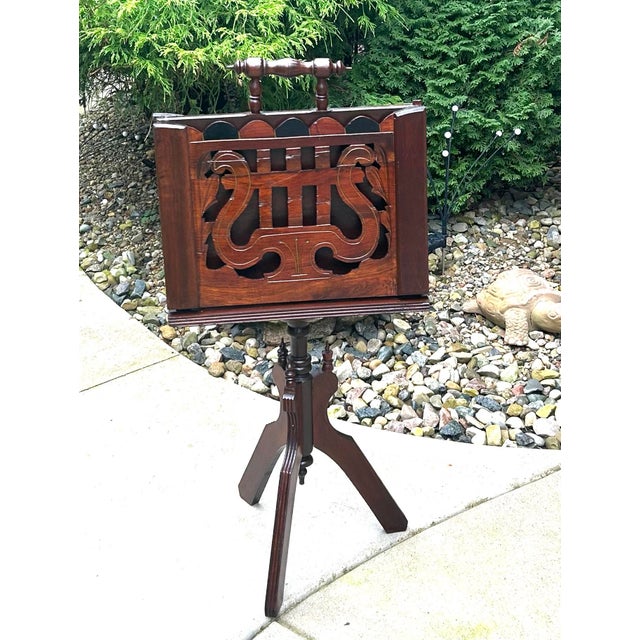 Antique Mahogany, Double-Sided, Rotating Magazine/Book/Sheet Music Carrier, With Intricately Carved Fretwork Panels, Turned Handle and a Tripod Column For Sale In South Bend - Image 6 of 12