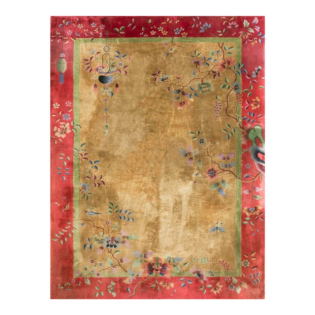 1920s Yellow Gold Floral Antique Chinese Art Deco Carpet 9' X 11'8" Knotted Wool Rug For Sale