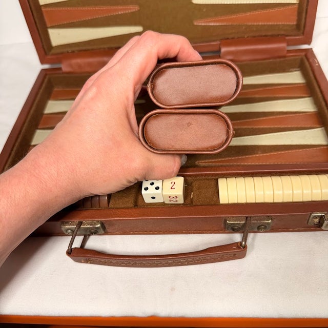 Mid-Century Modern Vintage Backgammon Set Brown Faux Leather Travel Case Complete Game Dice MCM 70s Mid Century Modern Retro For Sale - Image 3 of 14