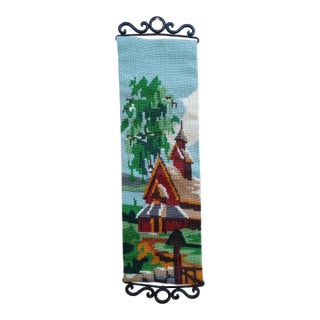 1970s Needlepoint Bell Pull - Rural Scene With Building For Sale