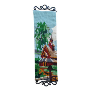 1970s Needlepoint Bell Pull - Rural Scene With Building