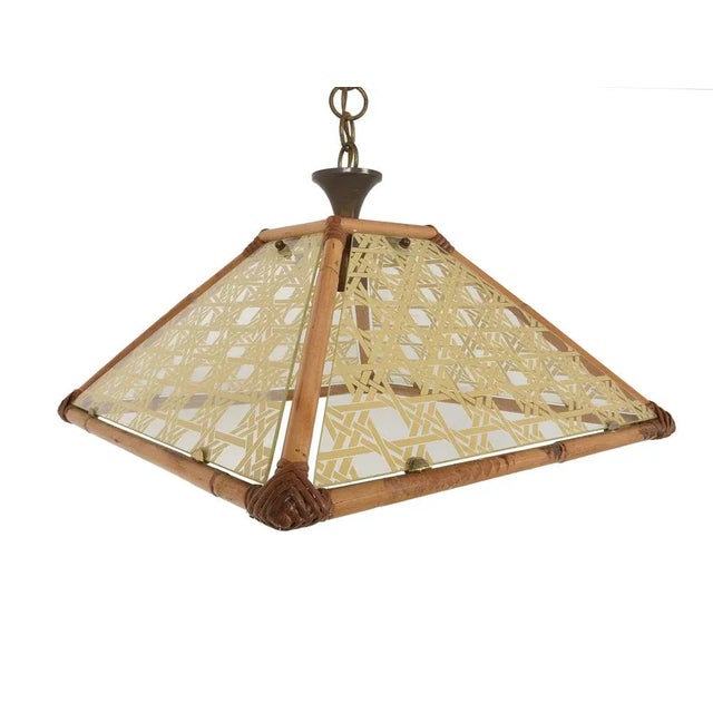 Glass, Rattan, Bamboo & Brass Pendant Light, Italy, 1970s For Sale - Image 6 of 8