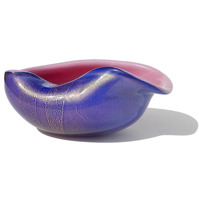 Beautiful vintage Murano hand blown sapphire blue over bright pink, and gold flecks, Italian art glass decorative bowl....