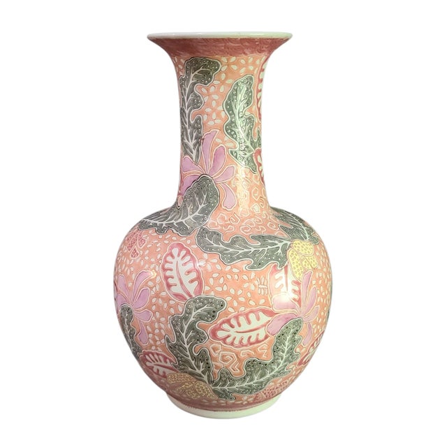 Ceramic Vintage Chinese Chinoiserie Colorful Painted Leaves Tall Floor Vase For Sale - Image 7 of 7