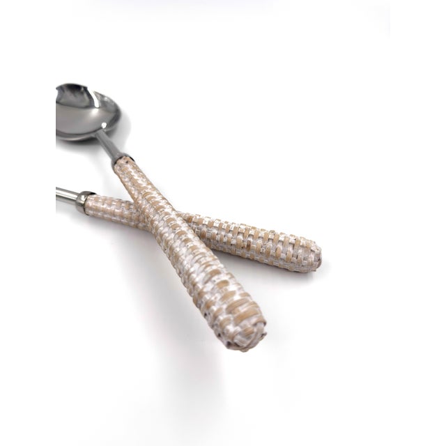 White Handmade Stainless Steel & Rattan Woven Handle Salad Server Set, Handcrafted in India - 2 pcs For Sale - Image 8 of 8