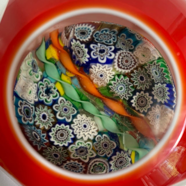 Vintage Faceted Murano Millefiori Double-Overlay Art Glass Paperweight For Sale In Chicago - Image 6 of 7