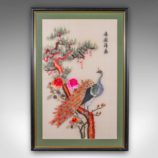 1980s Tall Pair of Vintage Bird Embroideries, Oriental, Framed, Wildlife Art, c.1980 For Sale - Image 5 of 12