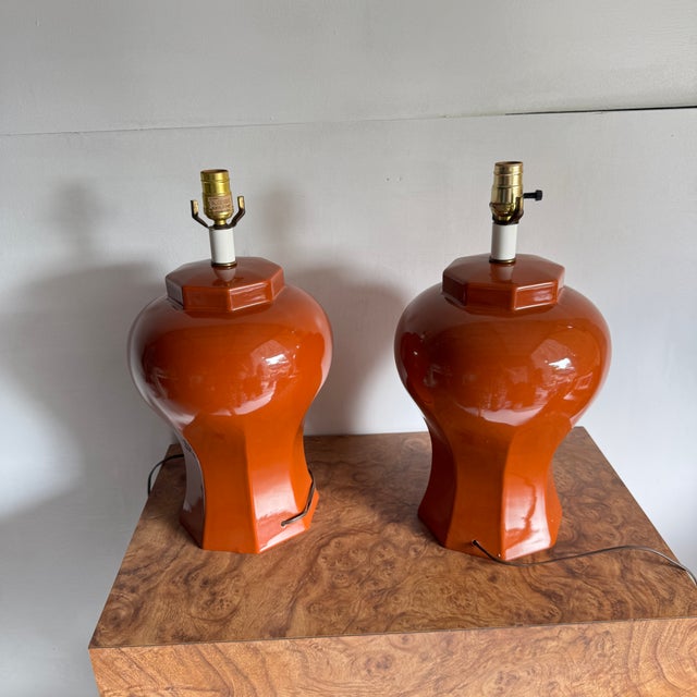 Mid Century Modern Terra Cotta Colored Ceramic Table Lamps- A Pair For Sale - Image 12 of 12