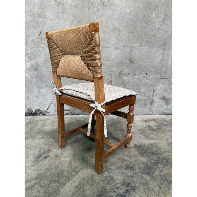 Vintage French Rush Seat Back Oak Dining Chairs Set of Four Bleached Farmhouse For Sale - Image 9 of 17