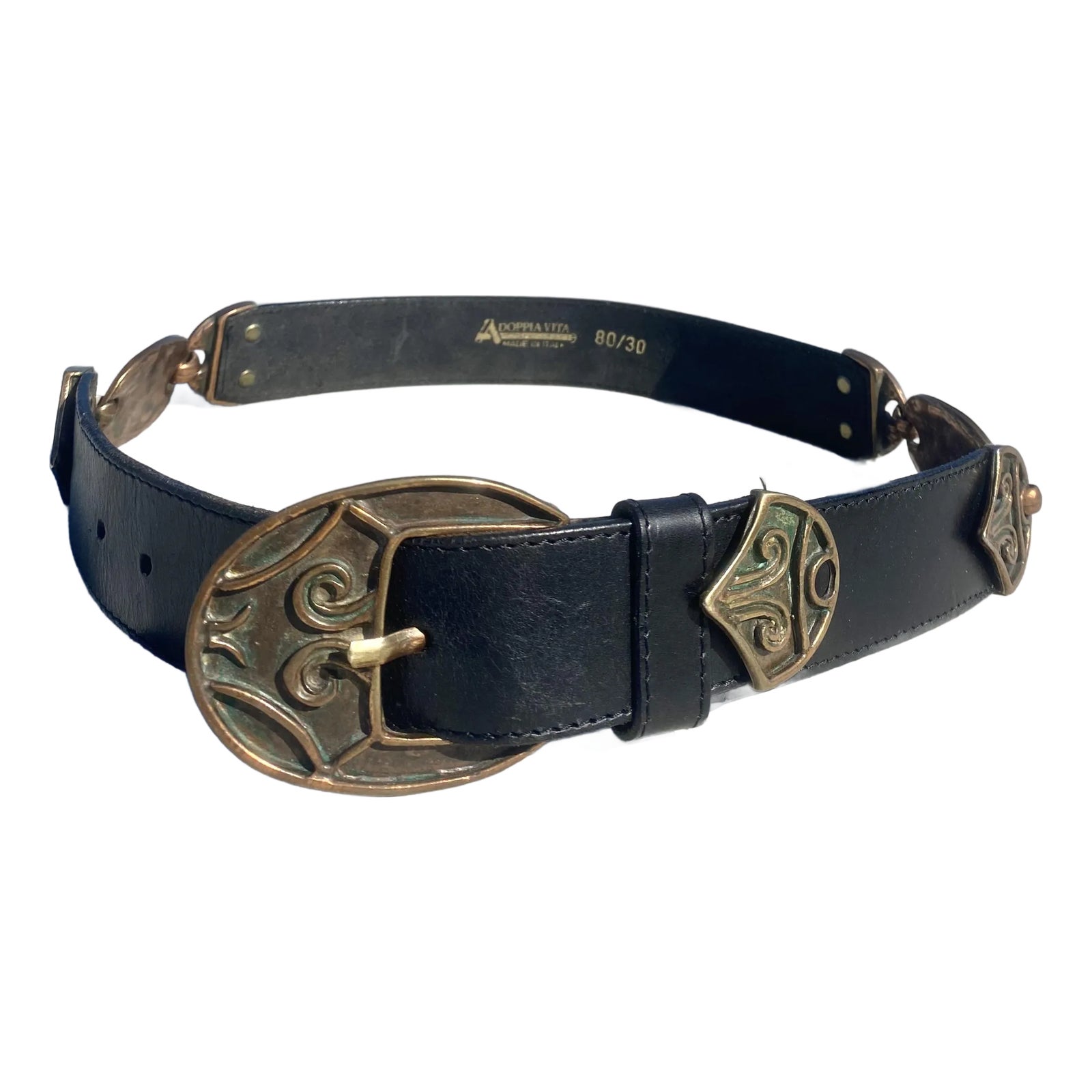 Metal Etruscan-Style Artisan La Doppia Vita Black Leather Belt