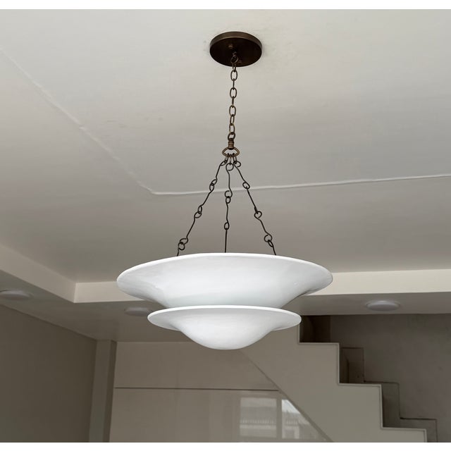 Matte White Layered Pendant Light | 4-Light Steel Shade Chandelier With Black Antique Brass Chain For Sale - Image 12 of 18