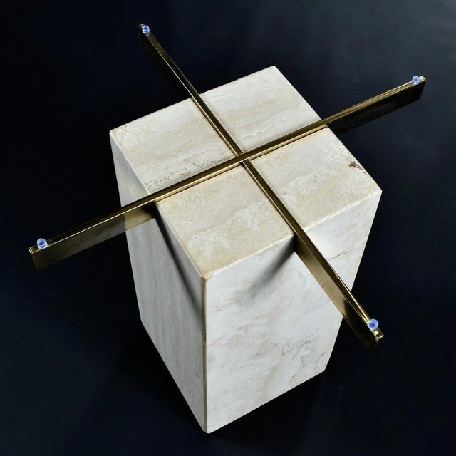 Travertine Stone and Brass Pedestal Side Table With Square Glass For Sale - Image 4 of 10