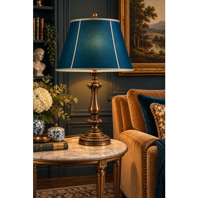 Vintage Neoclassical Acanthus Table Lamp With Peacock Teal Satin Shade For Sale - Image 4 of 9