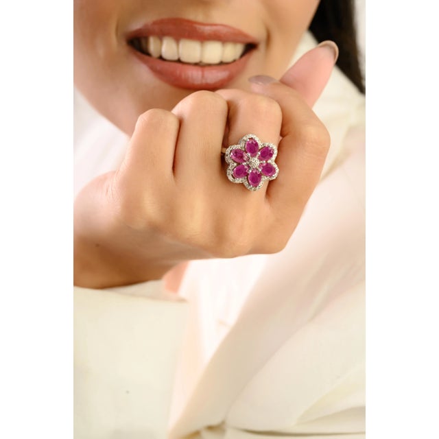 Handcrafted 925 Siver Oval Cut Ruby & Halo Diamond Flower Cocktail Ring - Size 8 For Sale - Image 4 of 10