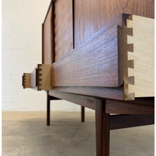 1950s Danish Teak Tall Sideboard / Highboard With Inlaid Veneer Design For Sale In Boston - Image 6 of 7