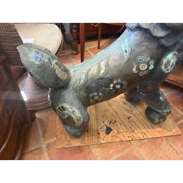 Bronze 1950s Large 44 Inch High Asian Bronze Foo Dog Statue With Shell Stone Inlay For Sale - Image 8 of 10