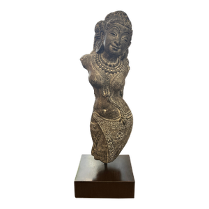 Solid Stone Asian Deity Goddess Sculpture Mounted on Thick Mahogany Wood Block Base 1970s