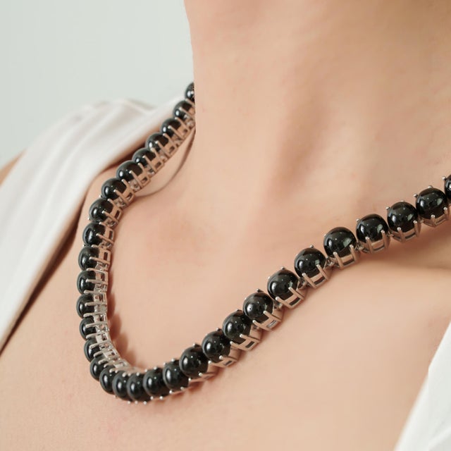 Victorian Style 147.37 Ct Black Star Cabochon Tennis Necklace With Drop Earrings Set - 3 Pieces For Sale - Image 4 of 15