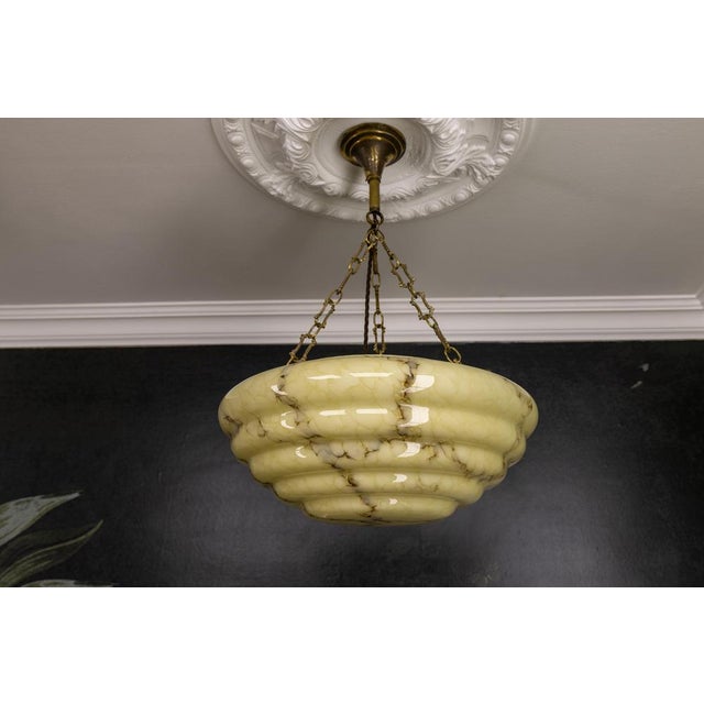 Art Deco Layered Marbled Yellowish Beige and Brown Glass and Brass Pendant Light, 1950s For Sale - Image 14 of 18