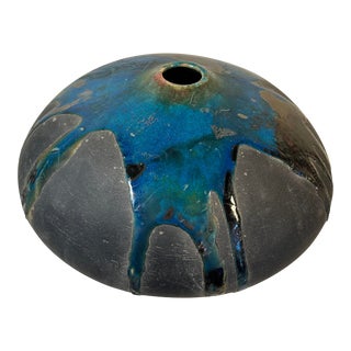 Vintage 1960’s Modern Style Raku Studio Pottery Blue Vase For Sale