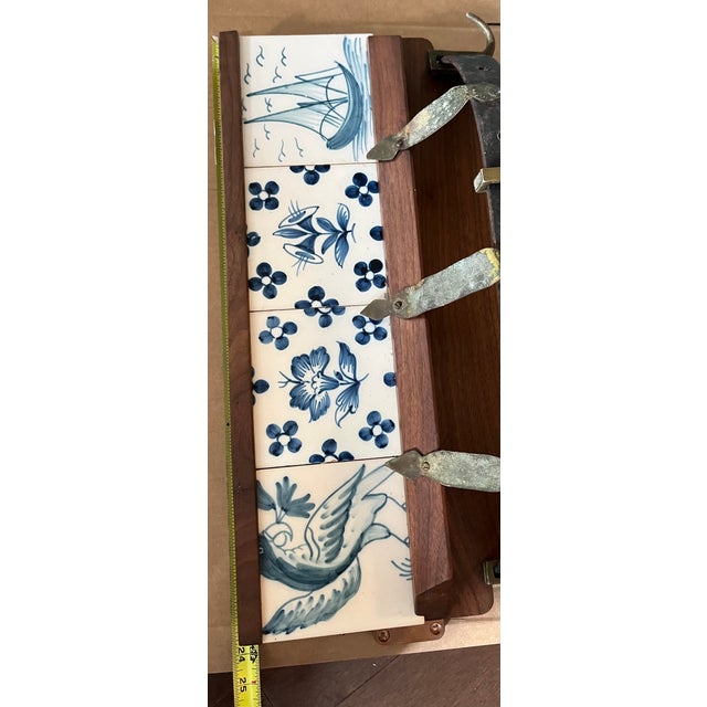 Antique Pot Holder or Coat Rack With 4 Delft Like Blue and White Tiles - Handmade and Mounts on Wall For Sale - Image 9 of 13