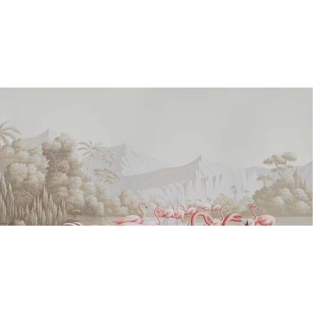 36" * H96" * 2ps, Neoclassical Hand-Painted Flamingo Colony Tropical Wetland Mural For Sale - Image 4 of 6