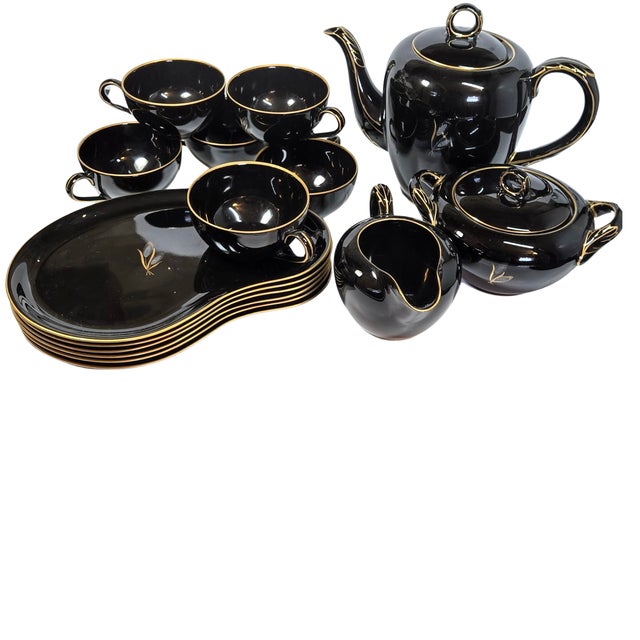 Black and Gold Mid Century Tea Set- Set of 15 For Sale - Image 4 of 9