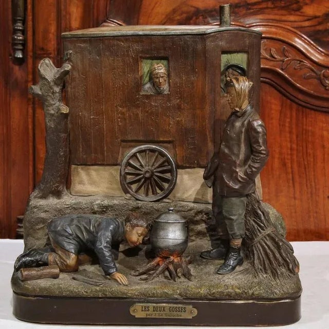 The fine antique terracotta scene from France, circa 1880, "Les Deux Gosses" (the two kids), by Joseph Le Gauche...