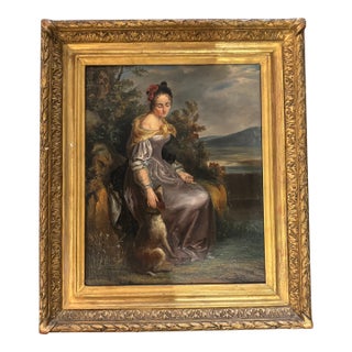 Mid-19th Century European School Oil Painting of a Woman With Dog in Giltwood Frame Ks - Unsigned For Sale