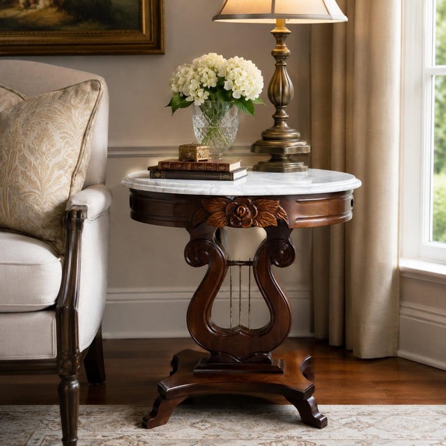 Late 20th Century Vintage Neoclassical Lyre-Base Marble-Top Accent Table For Sale - Image 5 of 11